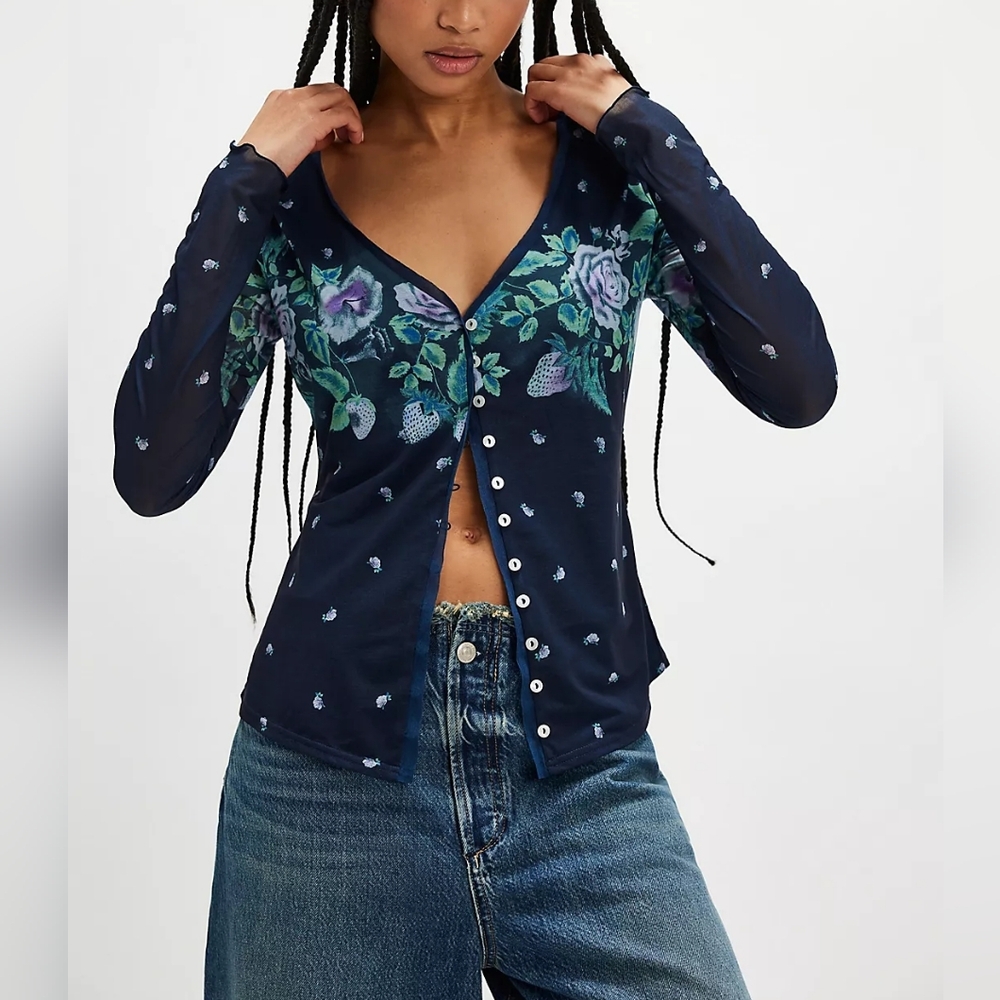 Free People Home Grown Mesh Cardi In Blue Combo Size New Without Tags - Picture 2 of 9